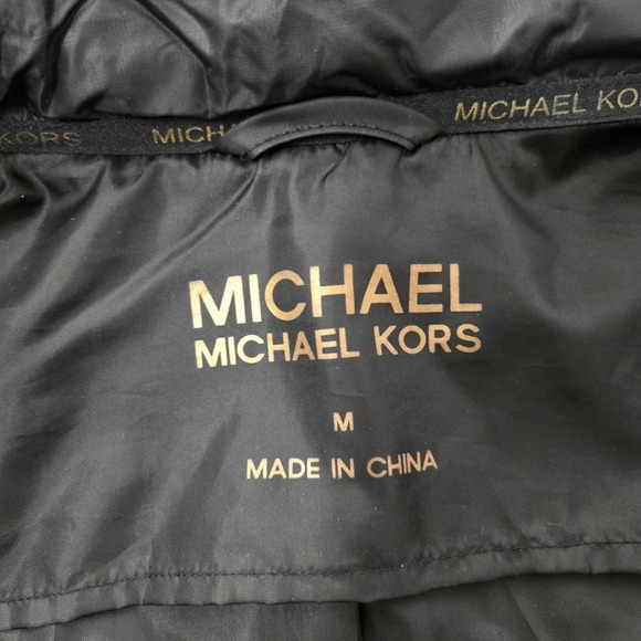 Michael‎ Kors Women Black Quilted Puffer Jacket Hooded Faux Fur Trim Gold Logo M - Picture 6 of 14